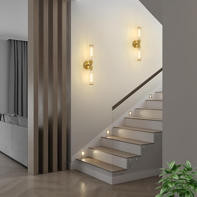 Bathroom Light Fixtures, Gold Wall Sconce in Threaded Glass Vanity Lights 2 Pack, Modern Bathroom Vanity Light Up and Down Sconces Wall Lighting for Bathroom, Living Room - Bulb Not Included
