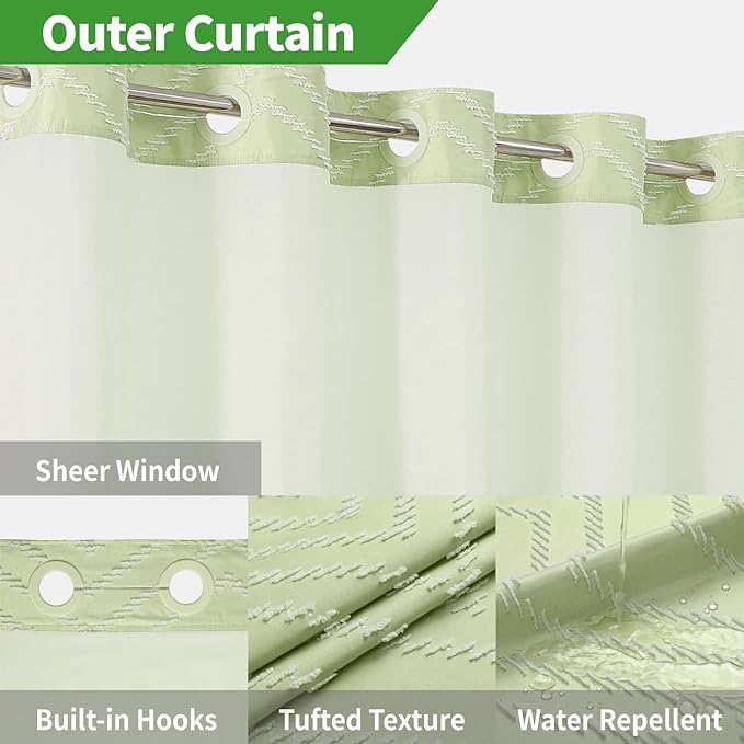 Extra Long No Hook Boho Shower Curtain with Snap-in Fabric Liner Set,71x86,White Woven Fabric Tufted Chevron Striped Design,Modern Chic Minimalist Bathroom Curtain,71x86,Sage Green