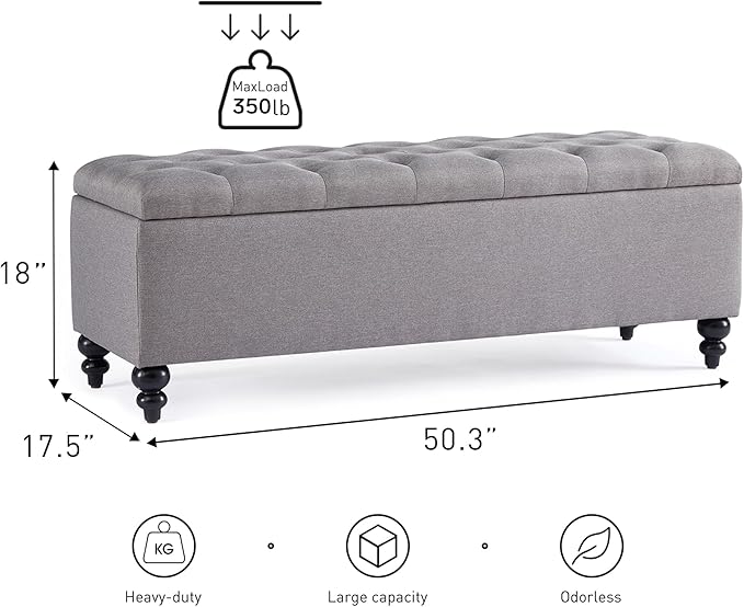 HUIMO Button-Tufted Ottoman with Storage in Upholstered Fabrics, Large Storage Bench for Bedroom, Living Room, Entryway, Bench with Safety Hinge Hold Up to 300lbs (Grey-Rivets)