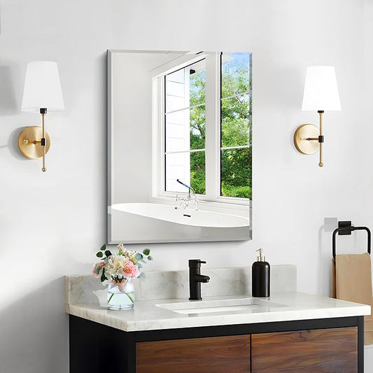 18x24 Beveled Mirror, Frameless Beveled Bathroom Mirrors for Wall, Upgraded Shatterproof Rectangle Vanity Mirror with Beveled Edge for Bathroom, Bedroom, Living Room and Entryway
