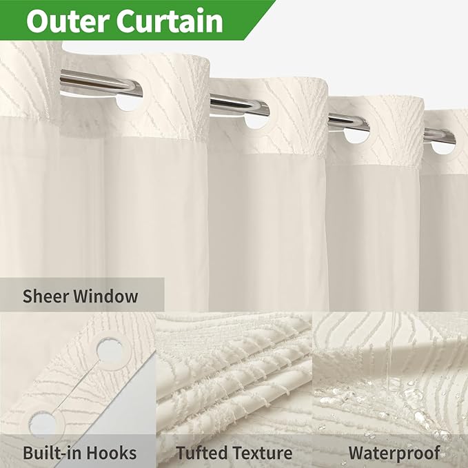 no Hook Shower Curtain and Liner Set，Boho Style with See Through Top Window, Cream Fabric Tufted Striped Textured Outer Curtain & Waterproof Inner Liner, Beige/Cream, 71Wx86H