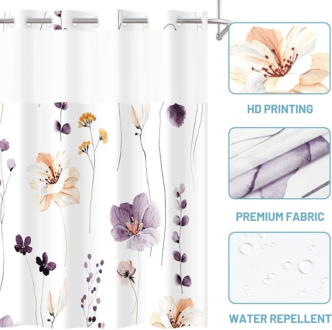 No Hook Shower Curtain with Snap in Liner - Floral Shower Curtain - Fabric Waterproof Inner Liner, Plants Watercolor Plum Flower Modern Shower Curtains - Machine Washable, 71 x 74
