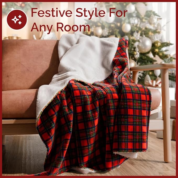 Christmas Sherpa Blanket Throw Size - Reversible Sherpa Fleece Blanket - Super Soft Double Sided Throw for Bed, Sofa, Couch - Thick, Warm, Cozy & Plush - Xmas Winter Bedding - Christmas Tartan, 50x60