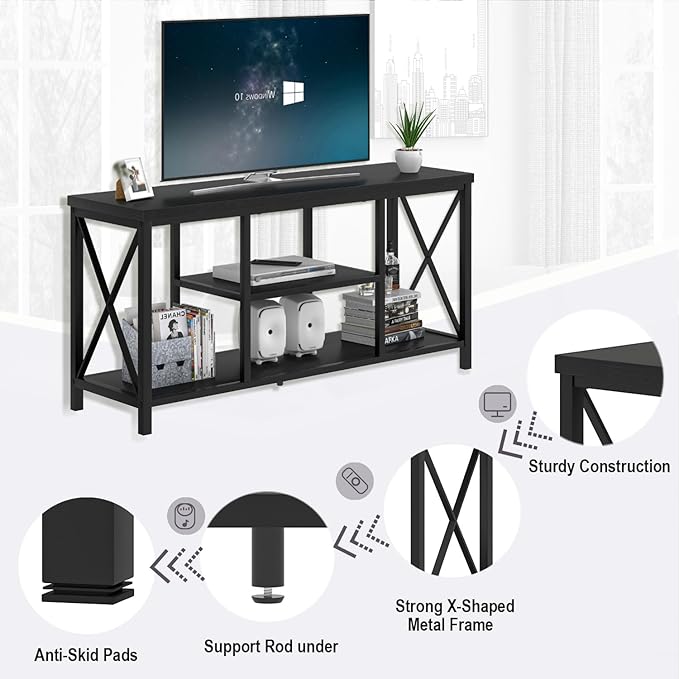EXCEFUR Modern Entertainment Center for TVs up to 55 Inch, Wood TV Stands with Storage Shelves, Industrial Media TV Console Table for Bedroom Living Room, 47 Inch Black Oak