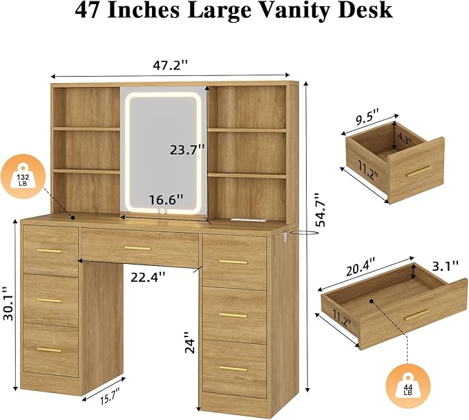 47'' W Large Vanity Desk with Mirror and Lights, 8 Storage Shelves 7 Drawers Vanity Table, Big Makeup Vanity Desk with 3 Lighting Modes, Vanity Dresser with Charging Station, Sliding Mirror (Natural)