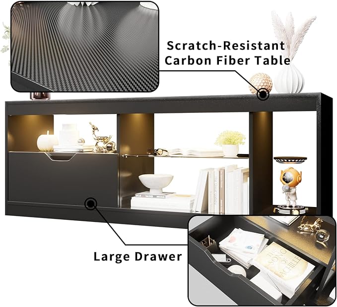 YESHOMY Modern LED TV Stand for Televisions up to 65+ Inch with Glass Shelves and Drawer, Gaming Entertainment Center with Multiple Dynamic RGB Modes, for Livingroom, Bedroom, 55 Inch, Dark Black