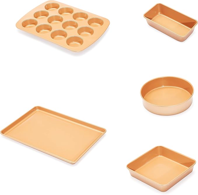 Amazon Basics Ceramic Nonstick Baking Sheets and Pans Bakeware Set, Non-Toxic, 5-Piece Set- Copper Color