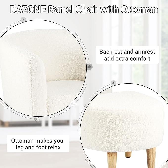 DAZONE Sherpa Accent Chair with Ottoman, White Fluffy Teddy Barrel Armchair for Cozy Living Room, Small Comfy Chairs for Bedroom, Reading Corner