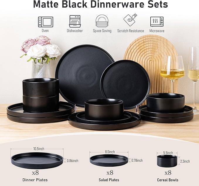 GBHOME Ceramic Dinnerware Sets for 8, Stoneware Plates and Bowls Sets, Chip and Scratch Resistant Dishes, Dishwasher & Microwave& Oven Safe Dishes sets, Reactive Glaze-Black