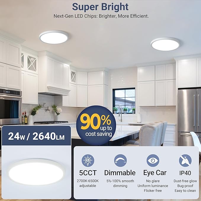 8 Pack 12 Inch Dimmable LED Flush Mount Ceiling Light, 24W 2640LM 5 CCT Selectable (2700K-6500K), Ultra-Thin Round Fixture for Kitchen Bedroom Laundry Hallway, White