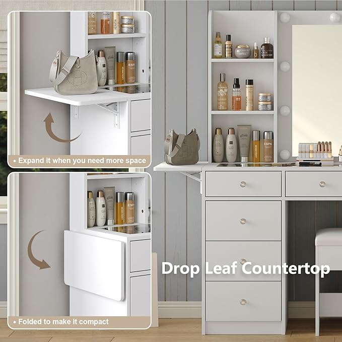 Vanity with Power Outlet, Vanity Desk with Mirror and 10 LED Lights, 10 Drawers Makeup Vanity with 6 Shelves, Fold-up Panel, Dressing Table for Bedroom, White