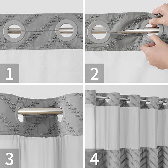 Extra Long No Hook Tufted Chevron Striped Shower Curtain with Snap-in Fabric Liner set-71Wx86H(84H),Grey Hotel Grade Boho Style Shower Curtain,Water Repellent