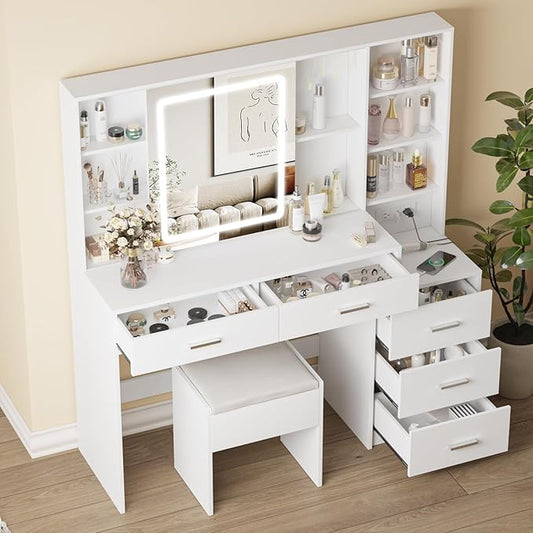 Fameill Vanity Desk with Mirror and Lights, Makeup Vanity with 5 Drawers, Makeup Desk with Charging Station and Ample Storage, Dressing Table with Chair for Bedroom Room (White)