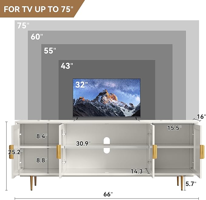 ARTPOWER Modern TV Stand for TVs up to 70+ inch, Glass Door Television Console Table with Gold Leg, Entertainment Center with Storage Cabinet, Wood Media Furniture for Bedroom, Living Room, White