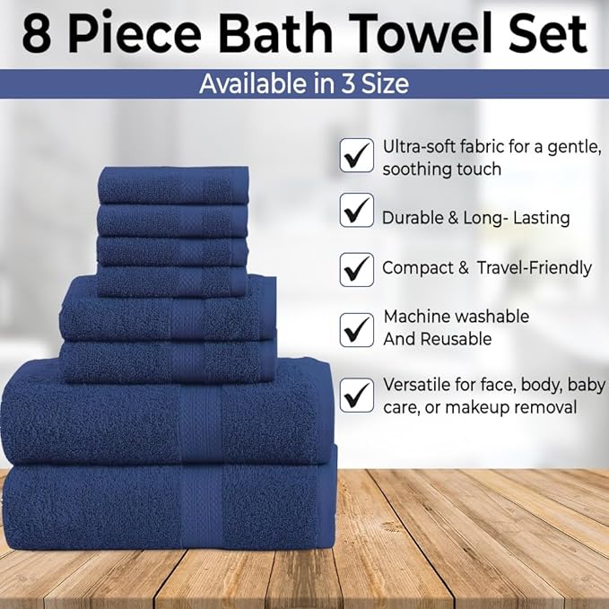 Pack of 8 Towels Set, 2 Large Bath Towels, 2 Hand Towels, 4 Wash Cloths, 100% Cotton, Lighter Weight, Quicker to Dry, Super Absorbent, Perfect for Bathroom (Navy)