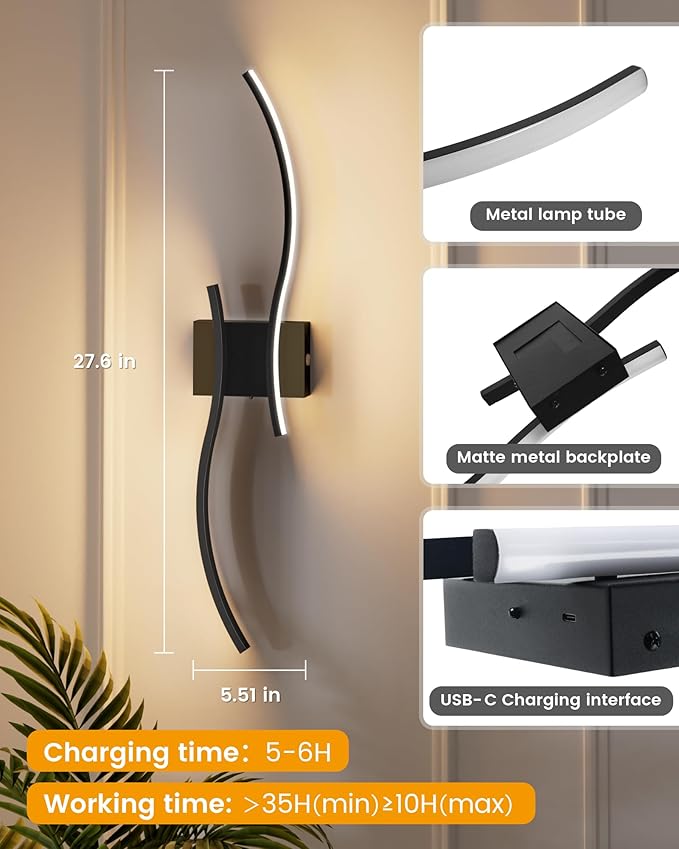 NIORSUN 27.6 Inch Battery Operated Wall Sconce Set of 2, Black Modern Rechargeable Wall Lights with Remote, 3CCT Dimmable Wireless Wall Lamp for Living Room Bedroom Hallway