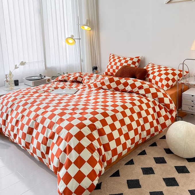 CLOTHKNOW Rust Beige Plaid Full Size Comforter Sets Grid Bedding Comforter Sets Terracotta Checker Comforter with 2 x Pillow Cases
