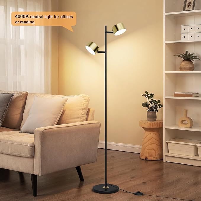 LED Floor Reading Lamp with 3 Color Temperatures, Adjustable Heads Standing Lamp for Living Room Bedroom Office, Minimalist Floor Lamp with Foot Switch, Black