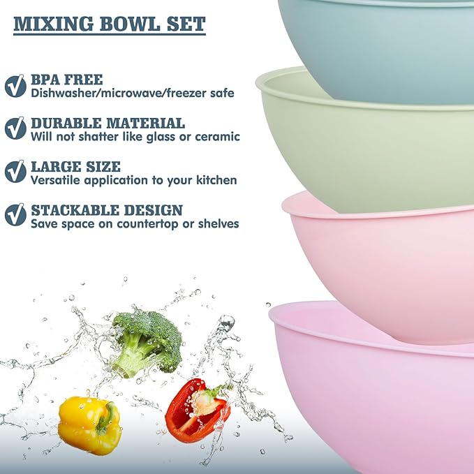 4-Piece Plastic Mixing Bowl Set, 113oz Lightweight Serving Bowls, Large Salad Bowls for Baking,Prepping, Cooking and Serving Food, Dishwasher & Microwave Safe