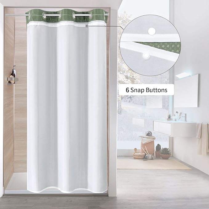 MitoVilla No Hooks Needed Small Stall Shower Curtain 36 x 74, Sage Green Waffle Half Size Narrow Waffle Weave Fabric Shower Curtain Set with Snap-in Liner for Modern Spa-Like Bathroom Decor