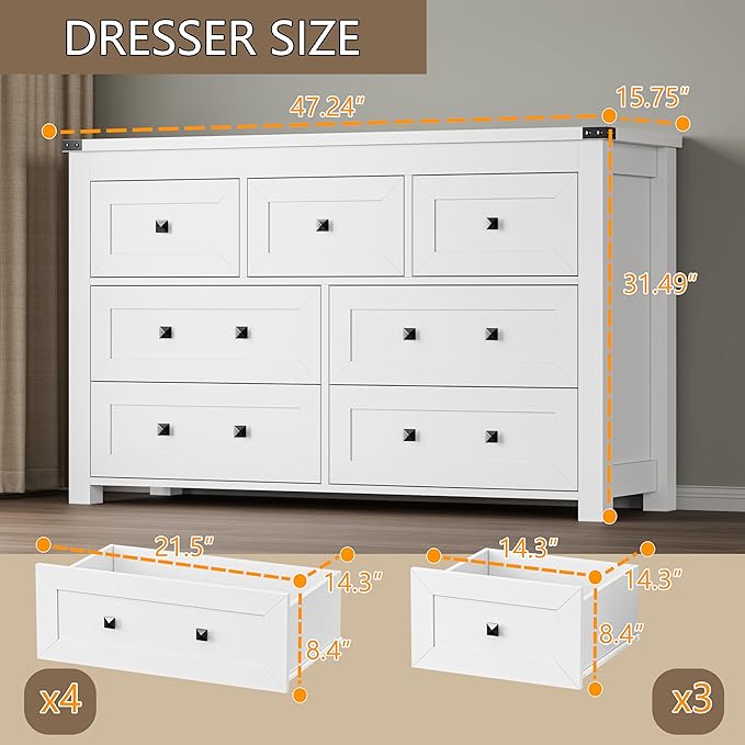 7-Drawer Dresser, Modern Wooden Storage Chest of Drawers, Dresser TV Stand, Wood Drawer Organizer with Metal Handles for Bedroom, Living Room, Hallway