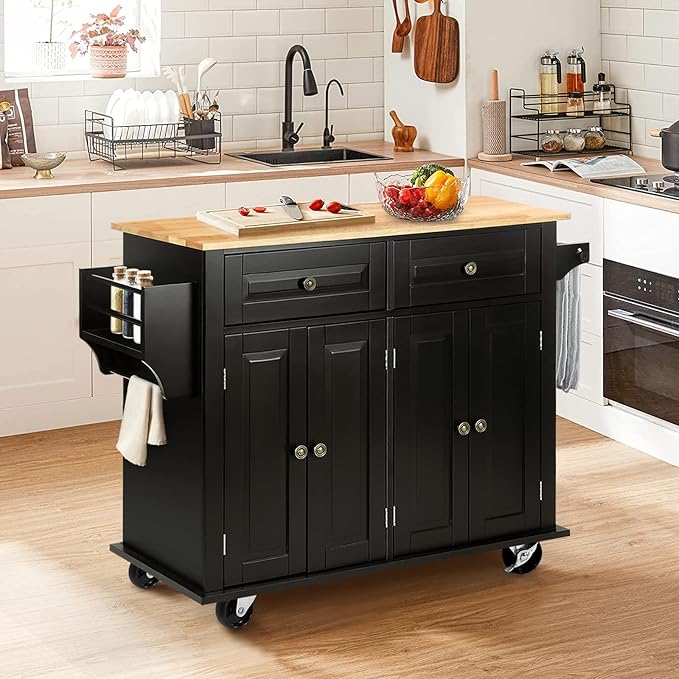 VOWNER Rolling Kitchen Island, Portable Kitchen Island with Storage, Floating Kitchen Cart with Spice Rack & Towel Rack, Drawer and Storage Cabinet, Isla para Cocina (Black)