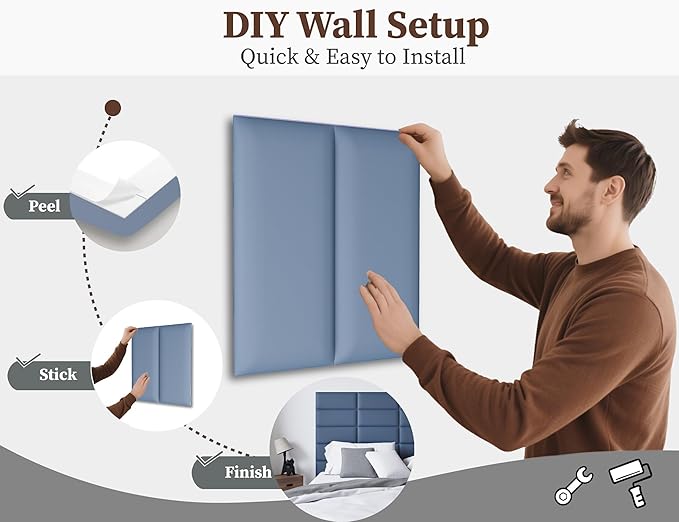 Leather Black and White Upholstered Queen Headboard, 12PCS Peel and Stick Wall Panels, Tufted Bed Backboard for Modern Wall Beds, 10"x24" Each, Leather - Blue and White