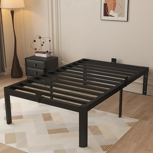 16 Inch Twin Bed Frames, Black Twin Metal Bed Frame with Anti-Slip Baffles, No Box Spring Needed, Heavy Duty Steel Platform Supprt, Rounded Corner Design, Storage Space, Noiseless