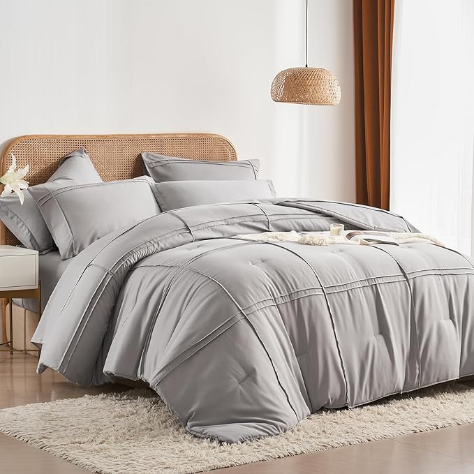 Yogeneg Full Size Comforter Set 7 Piece Bed in a Bag,Grid Pinch Pleat Grey Bedding Set,Striped Textured Soft Microfiber Comforter with Sheet Set,All Season Complete Bed Set(Grey,Full)