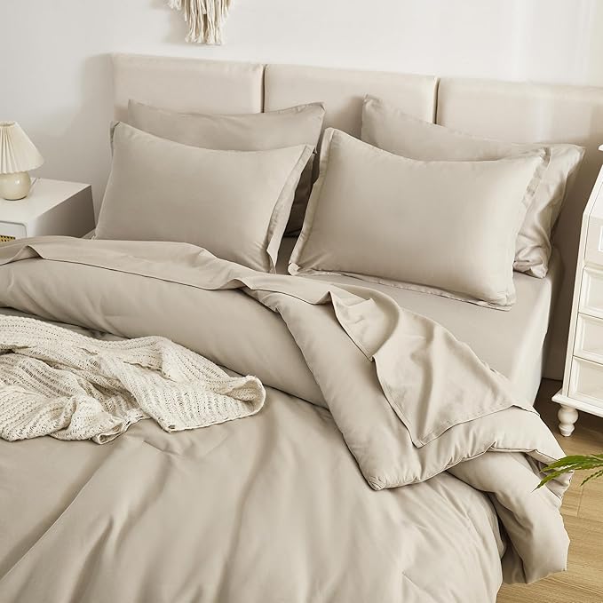 Litanika Super King Plus Comforter Sets Oatmeal - 7 Pieces Bed in a Bag Oversized King Bedding Comforter Sets, Solid Lightweight Bed Set with Comforter, Sheets, Pillowcases & Shams