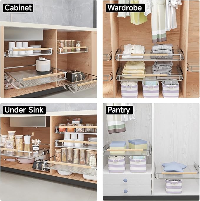 2Pack Expandable Pull Out Cabinet Organizer, Slide Out Drawers for Kitchen Cabinets, Heavy Duty Drawer Slides for Home Kitchen Pantry Cupboard Pots Pans, Adjustable Width 12.3"~18.5" W x 22.5''D
