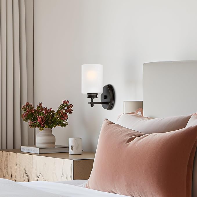 Kira Home Phoebe 8" Modern Wall Sconce/Vanity Light + Frosted Seeded Glass Shade, Oil-Rubbed Bronze Finish