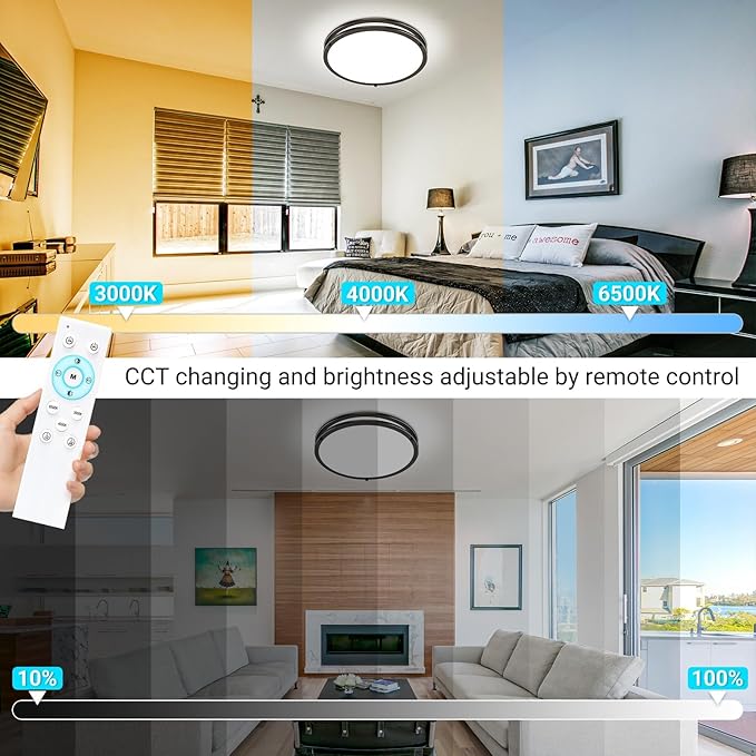 libtit 13 Inch LED Ceiling Lights with Remote for Bedroom Kitchen, 24W 2400lm Super Bright & Dimmable Flush Mount Light Fixtures, 2700K-6500K Adjustable Modern Lamps with Timer, Black, 2Pack