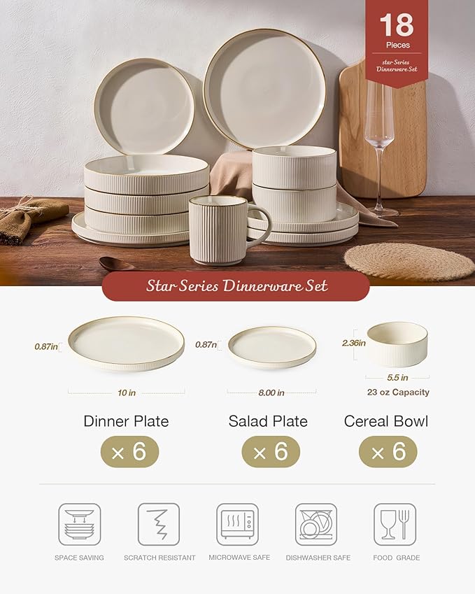 Famiware Star Dinnerware Set, Plates and Bowls Sets for 6 (18pcs), Ribbed Stoneware Dishes - Chip & Scratch Resistant, Microwave & Dishwasher Safe Kitchenware, White