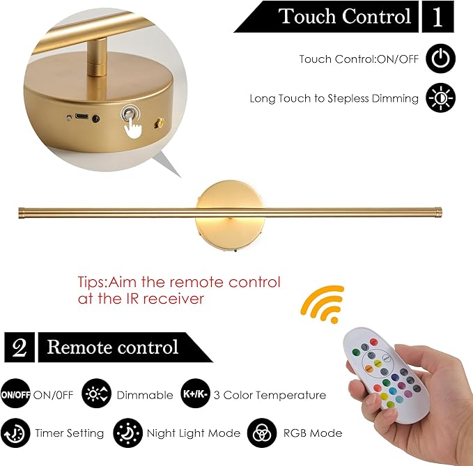 Battery Operated Wall Sconces Set of Two, with Remote Control, Dimmable, Warm White/Natural White/Daylight/RGB, 350°Rotate, LED Gold Wireless Wall Light for Living Room, Bedroom, 28.3 Inch