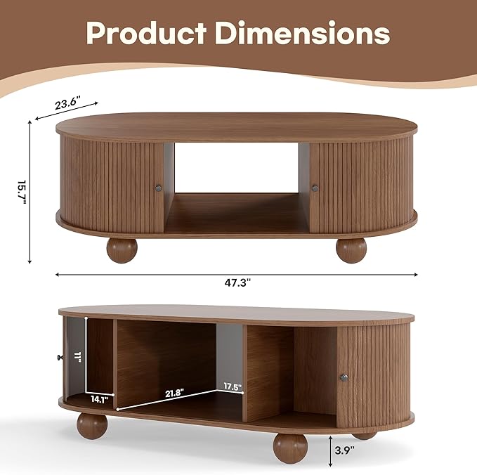 Oval Coffee Table with Storage, 47.3" Mid Century Modern Coffee Tables with Sliding Tambour Doors, Wood Fluted Accent Center Table for Living Room, Dining Room, Home Office, Walnut