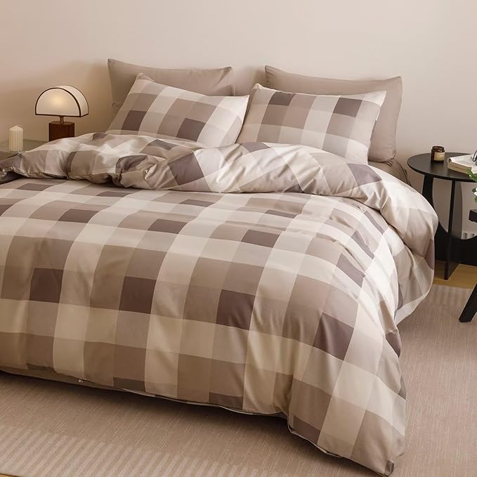 Luxlovery Checkered Khaki Beige Comforter Set Cal King Gingham Bedding SetWomen Men Bedding Grid Bedding Set Fluffy Soft Cottagecore Blanket Quilts California King Bed