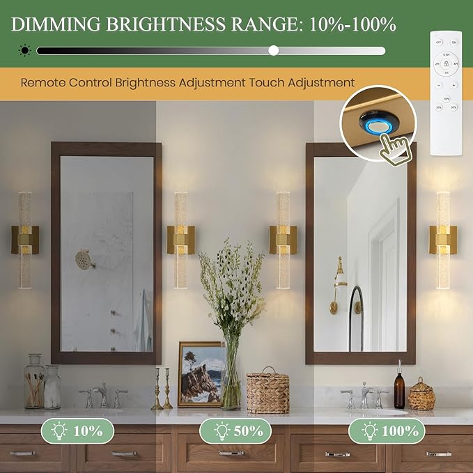 Battery Operated Crystal Wall sconces Set of 2,Rechargeable Modern Vanity Light Fixtures, 3000K-6000K Dimmable Gold LED Wireless Wall Lights for Bathroom Bedroom Living Room Hallway(2 Pack)