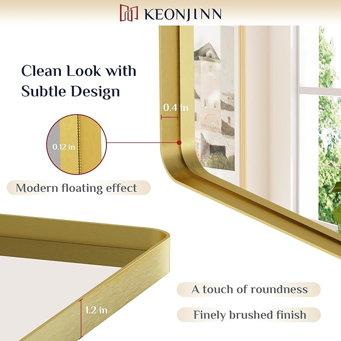 Keonjinn Brushed Gold Bathroom Mirror 48 x 30 Inch Large Rounded Rectangle Vanity Mirror, Brass Gold Wall Mirror with Shatterproof HD Tempered Glass, Decorative Gold Framed Mirror(Horizontal/Vertical)