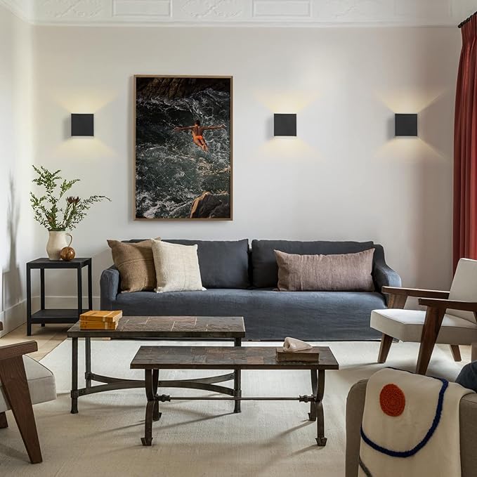 HEQIQEH Modern Style Battery Operated Wall Sconces, LED Cube Indoor Up and Down Wall Lamp with Remote Control, Dimmable Cordless Wall Lighting Fixtures for Living Room,Bedside (Black - 3 Pack)