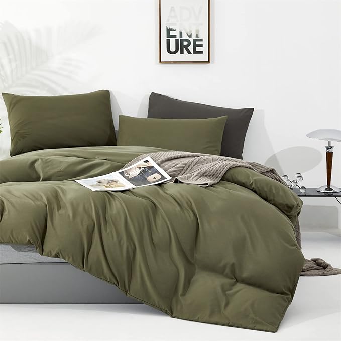 Cottonight Olive Green Comforter Set Twin Army Green Bedding Set Solid Dark Green Blanket Quilts Soft Breathable Fashion 3 Pcs Comforter Set for Twin Bed