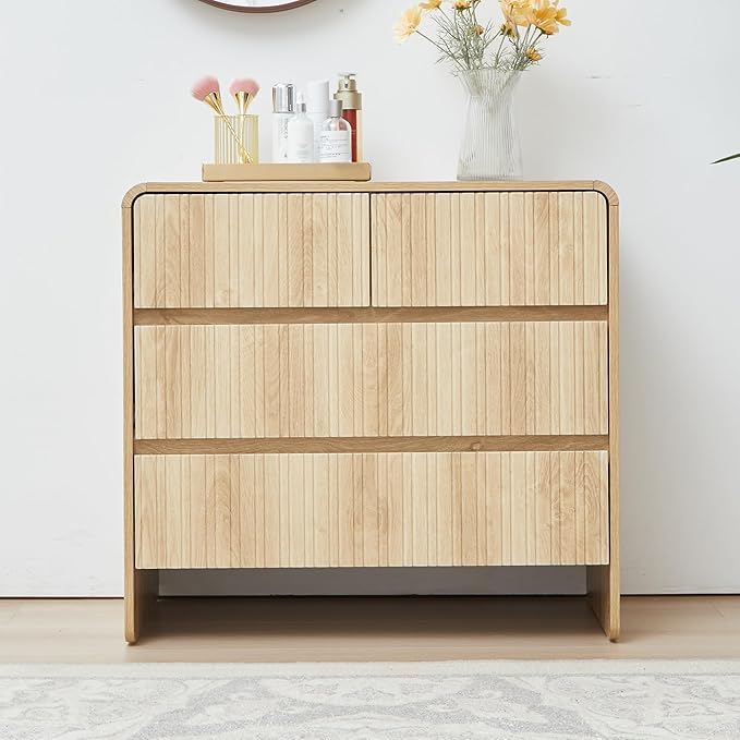 Fluted 3 Drawer Dresser for Bedroom,Mid Century Modern Wide Chest of Drawer,Curved Edge Wood Closet Dresser Nightstand for Bedroom Living Room Hallways (Natural, Wide 3 Drawer)