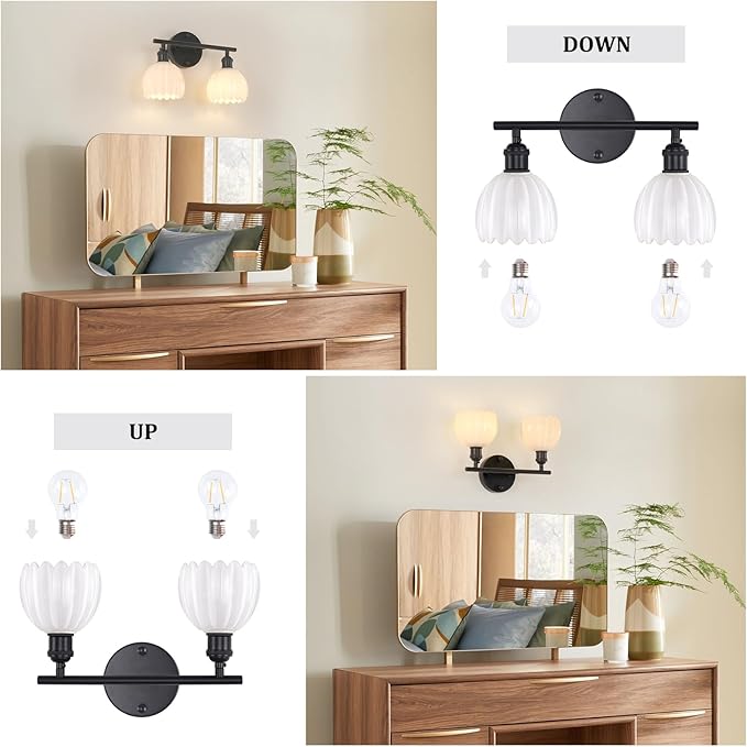 Bathroom Light Fixtures, 2-Light Black Vanity Wall Light Over Mirror with White Tulip Glass Shade for Bedroom Living Room
