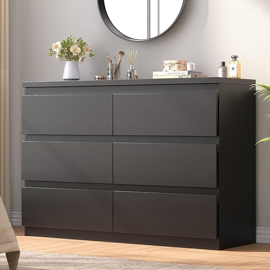 Black 6 Drawer Dresser for Bedroom, 15.3" D x 47.2" W x 32.3" H in Simply Modern Chest of Drawers, Wood Storage Double Dresser with Deep Drawers for Living Room, Hallway Entryway, Black