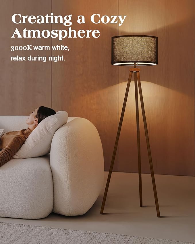 ELYONA Wood Tripod Floor Lamp, Modern Standing Lamp with Black Drum Linen Shade & 3 Color Temperatures LED Bulb, Industrial Tall Reading Lamp for Office Living Room Bedroom, ETL Listed Walnut & Black