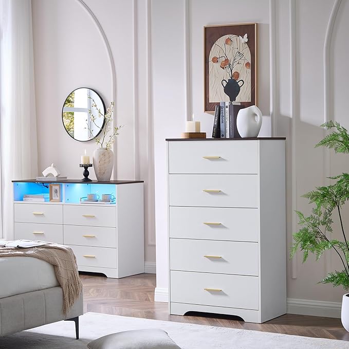 LIDYUK Dresser for Bedroom, Wood Dresser with 5 Drawers, Modern Minimalist Dressers & Chests of Drawers, 47 Inches Tall Chest of Drawers for Bedroom, Hallway, Living Room, White