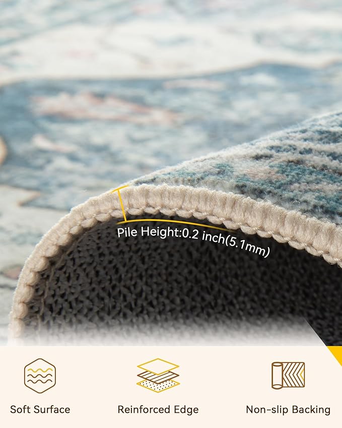 Area Rugs 5'x8' Washable Non-Slip, Floral Vintage Distress Print Pattern Medallion Carpet for Living Room Bedroom Dining Room, Dark Blue Vintage