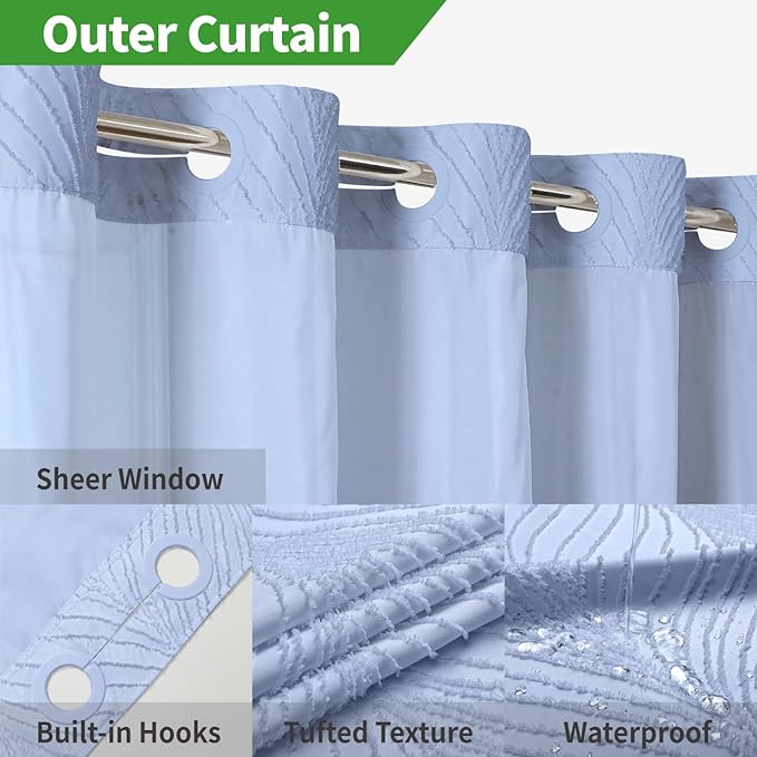 no Hook Shower Curtain and Liner Set，Boho Style with See Through Top Window, Blue Fabric Tufted Striped Textured Outer Curtain & Waterproof Inner Liner, FrostBlue, 71Wx80H