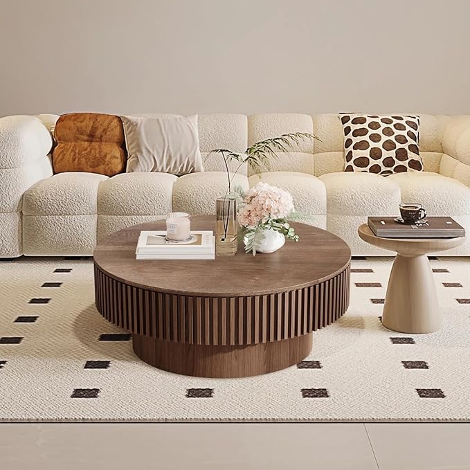 Round Coffee Table for Living Room, Accent Fluted Drum Coffee Table with Storage, Modern Solid Wood Veneered Circle Center Tea Table for Small Space Apartment (31.5''D×14''H-Walnut)