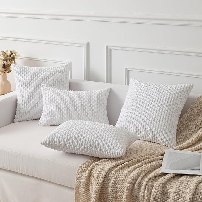 Kevin Textile Pack of 2 Velvet Pillow Covers Striped Throw Cushion Case Set Accent Corduroy Lumbar Pillowcases with Hidden Zipper for Home Decor Indoor Outdoor (12x20 Inch Pure White)